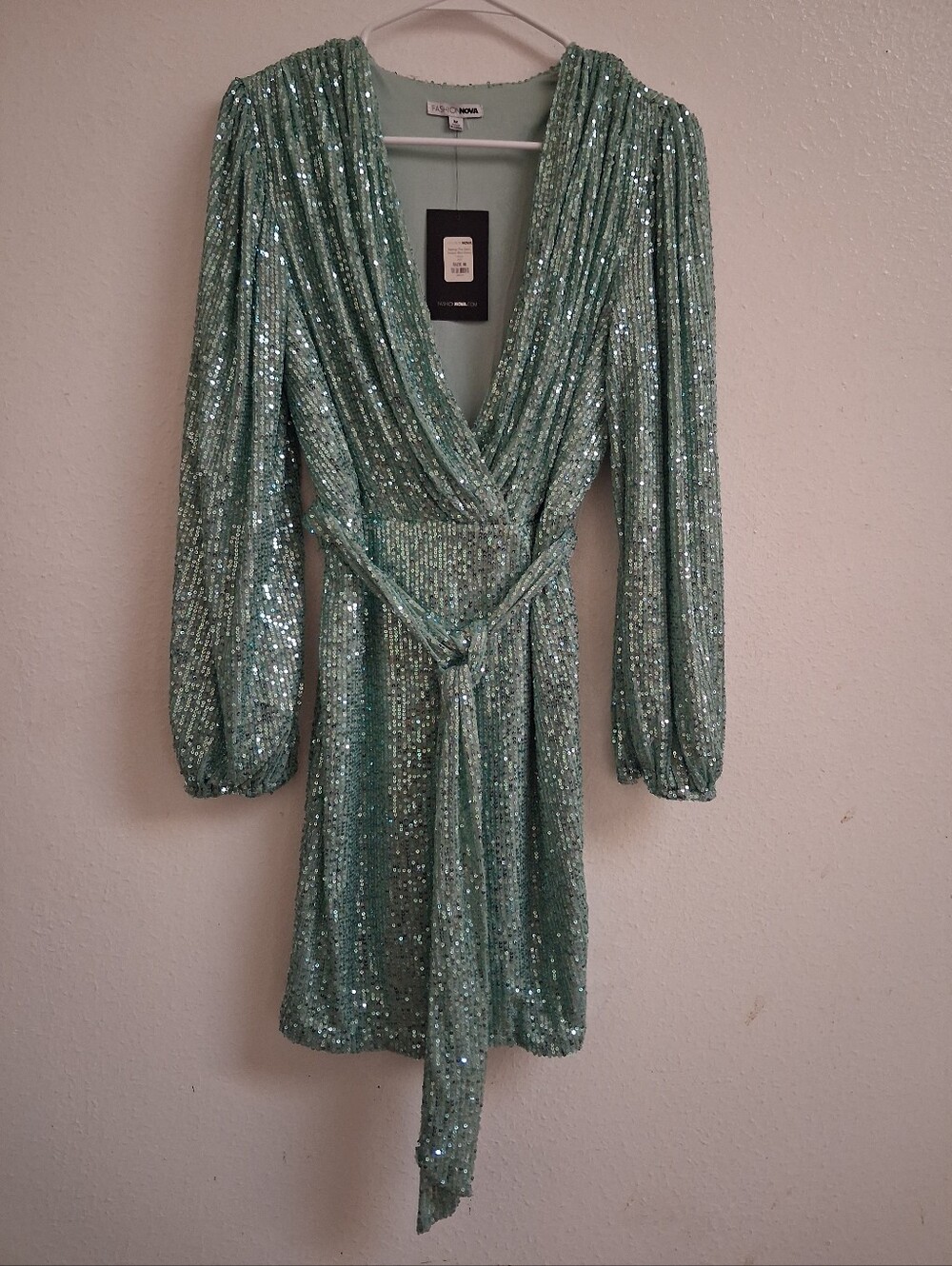 Fashion Nova Sage Green Sequin Wrap Mini Dress - Size M